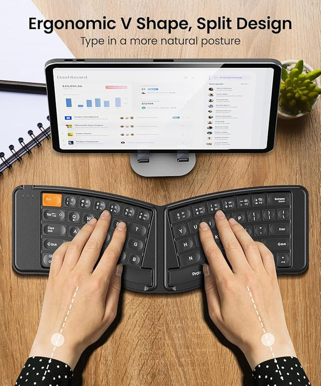 ProtoArc Ergonomic Foldable Keyboard Mouse, XKM03 Portable Folding Bluetooth Keyboard Mouse Combo for Business and Travel, Split Design, 3 Bluetooth, Rechargeable, for iPad, Tablet, iPhone, Laptop