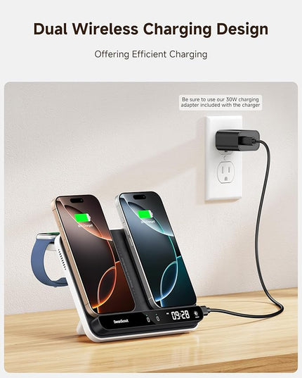 Dual Phone Charger, SwanScout 710A, Wireless Charger for iPhone 17/16/15/14/13/12/11/8/X Series, for Apple Watch 11/10/9/8/7/6, Ultra 3/SE 3, for AirPods Pro 3/4/Pro 2/Pro/3