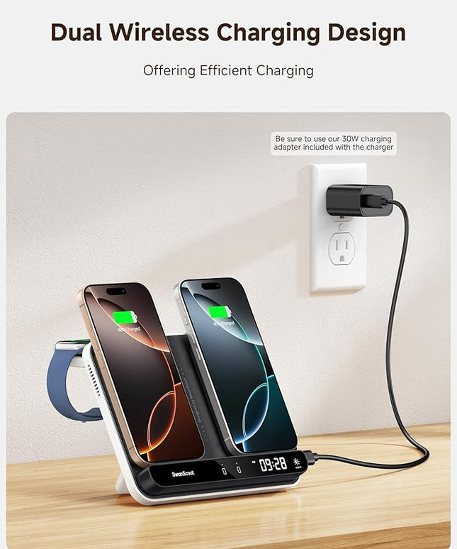 Dual Phone Charger, SwanScout 710A, Wireless Charger for iPhone 17/16/15/14/13/12/11/8/X Series, for Apple Watch 11/10/9/8/7/6, Ultra 3/SE 3, for AirPods Pro 3/4/Pro 2/Pro/3