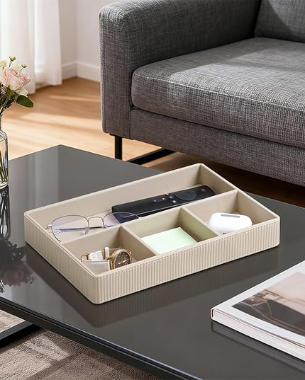 NICLNGSH PU Leather Valet Tray, Decorative Trinket Vanity Desk Drawer Organizer Tray, Perfume Dish Catch All Bowl for Keys, Nightstand Drawer Organizer Women Men with 4 Compartments (Beige)
