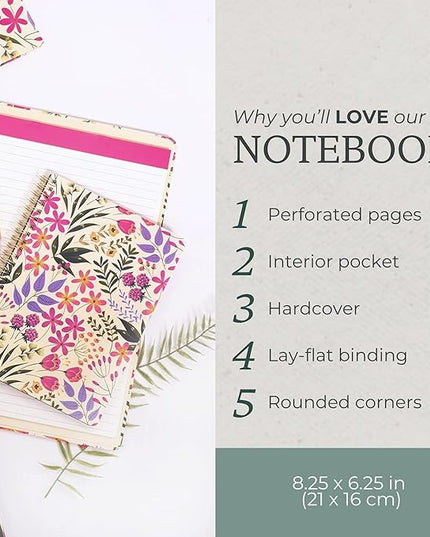 Steel Mill & Co Cute Pink/Purple Floral Mini Spiral Notebook, 8.25" x 6.25" Journal with Durable Hardcover and 160 Lined Pages, Wildflowers