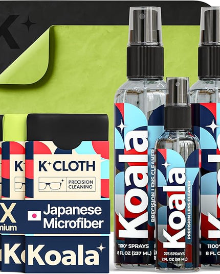 Koala Eyeglass Lens Cleaner Spray Kit | (2x) 8oz + (1x) 2oz Glasses Cleaner Bottle + (3x) Microfiber Cloth | Alcohol Free Eyeglasses, Screen, and Camera Cleaning Kit (6 Piece Set)