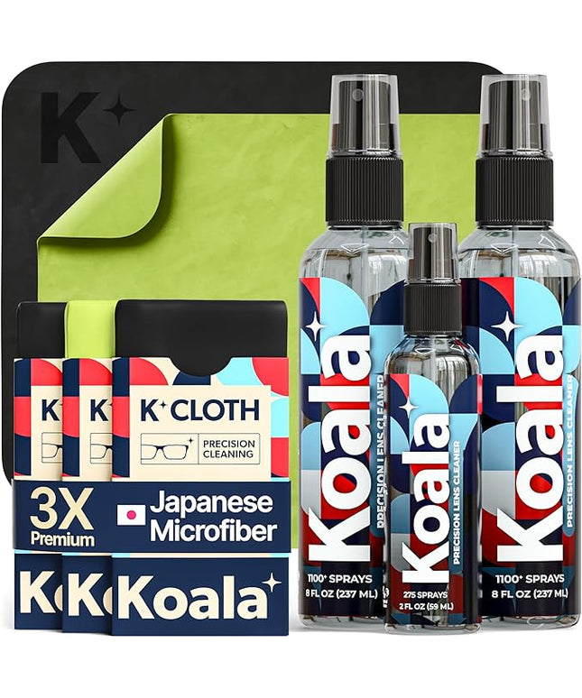 Koala Eyeglass Lens Cleaner Spray Kit | (2x) 8oz + (1x) 2oz Glasses Cleaner Bottle + (3x) Microfiber Cloth | Alcohol Free Eyeglasses, Screen, and Camera Cleaning Kit (6 Piece Set)