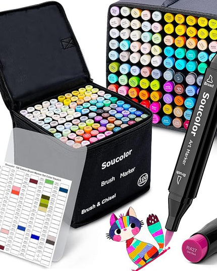 Soucolor Alcohol Markers Set, 100 Colors Dual Tip Brush Art Alcohol Markers, School Office Teacher Supplies for Kids and Adults Coloring Drawing Sketching Book Painting Card Making Illustration