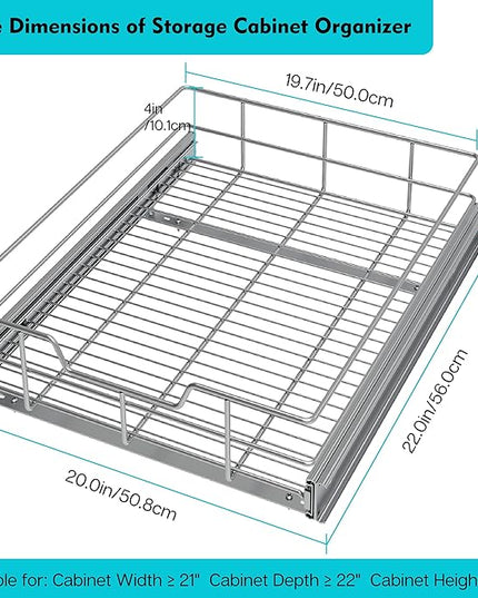 Pull Out Cabinet Organizer 20" W X 22" D, Slide Out Drawers For Kitchen Organizers and Storage, Pull Out Drawers For Cabinets Capacity Heavy Duty Caddy, Cabinet Shelves Chrome-Plated, Bathroom Pantry