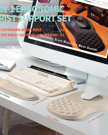 2-in-1 Ergonomic Set, Wave Rise Keyboard Wrist Rest and Massage Bulge Slope Mouse Pad Wrist Support, Cushion Memory Foam Integrated to Relieve Wrist Pain, Apricot