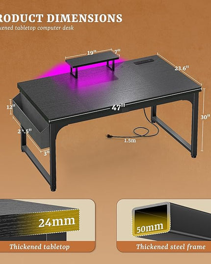 Gaming Desk with LED Light & Power Outlets, Computer Desk with Monitor Stand & 24mm Thicker Desktop,Office Writing Desk for Home Office, Study, Bedroom, Black