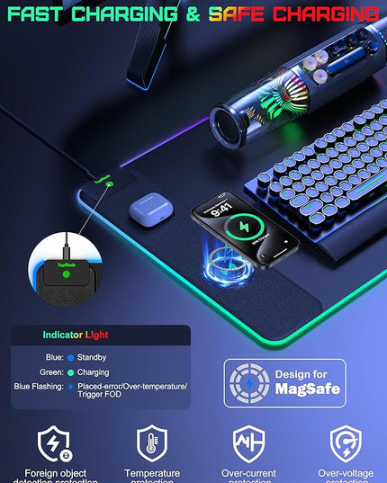 TopMade RGB Gaming Mouse Pad with 15W Wireless Charging, 31.5” x 15.8” XXL Large Desk Mat Home Office Keyboard Pad for Desk, Waterproof Mousepad with 4 Light Modes & 11 RGB Colors, Classic Black