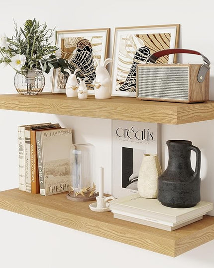Floating Shelves 36 Inch Long, 12 Inch Deep Floating Shelves for Wall, 36 x 12 Shelves for Wall Storage & Display, 2" Thick Floating Shelf for Bathroom, Living Room, Bedroom, Oak Color, Set of 2