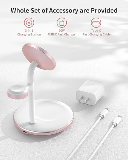 XooFly 3 in 1 Wireless Charging Station for Apple Devices, Fast Wireless Mag-Safe Charger Stand with 20W Adapter for iPhone 17/16 15 14 13 12 Pro Max/Pro/Plus/Air/Mini, iWatch, AirPods (Pink)