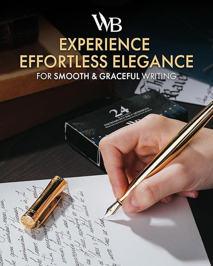 Wordsworth & Black Luxury Fountain Pen - Stunning Gold Pen, 24K Gold Finish,18K Gilded Nib (Medium), Ink Converter, Best Pen Gift Set for Men & Women, Professional, Executive, Office, Nice Pens