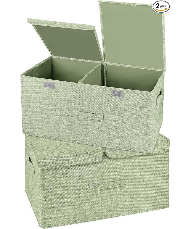 2 Pack Large Storage Boxes with Lids and Handles, Collapsible Linen Storage Bins Organizer Containers Baskets Cube with Removable Divider for Home Bedroom Closet Office (Green, Large)