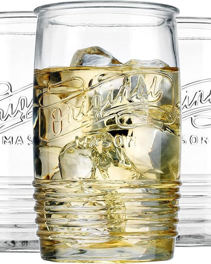 Glaver's Glass Tumbler Drinking Glasses Set of 4 – Genuine Artisan-Made Vintage Italian Original Mason – Elegant 20 Oz Clear Tumbler Glassware Set for Refreshing Drinks, Beverages, Iced Tea.