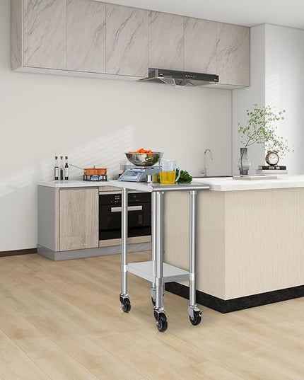 HARDURA Stainless Steel Commercial Table Prep & Work Table with Casters Heavy Duty Metal Table with Wheels NSF 430 24×15 Inches