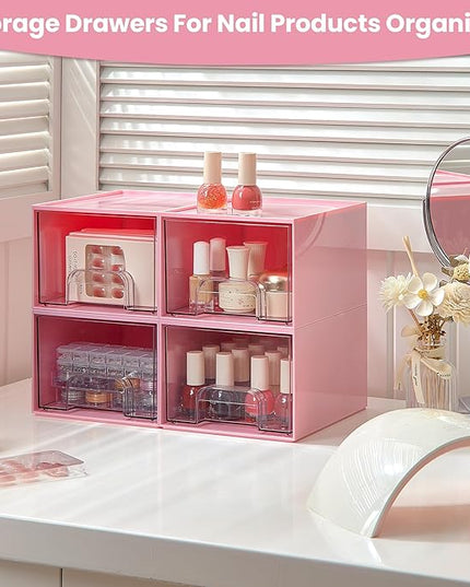 Vtopmart 4Pack Small Stackable Storage Drawers, Bathroom Makeup Organizer,Plastic Storage Bins For Vanity, Undersink, Kitchen Cabinet, Pantry, Home Organization(Pink)