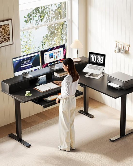 OffiGo 59 Inch L Shaped Electric Standing Desk with Drawers, Height Adjustable Corner Computer Desk with Keyboard Tray & Monitor Stand, Stand Up Table for Home Office Workstation, Black