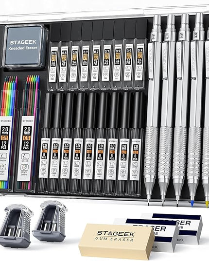 35Pcs Art Mechanical Pencil Set with Case, 0.5 0.7 0.9 2.0 Graphite Metal Drawing Drafting Pencils, Sharpener Erasers 384PCS Lead Refills (6B 4B 2B HB 2H 4H Colors)Pencils for Writing Sketching,Silver