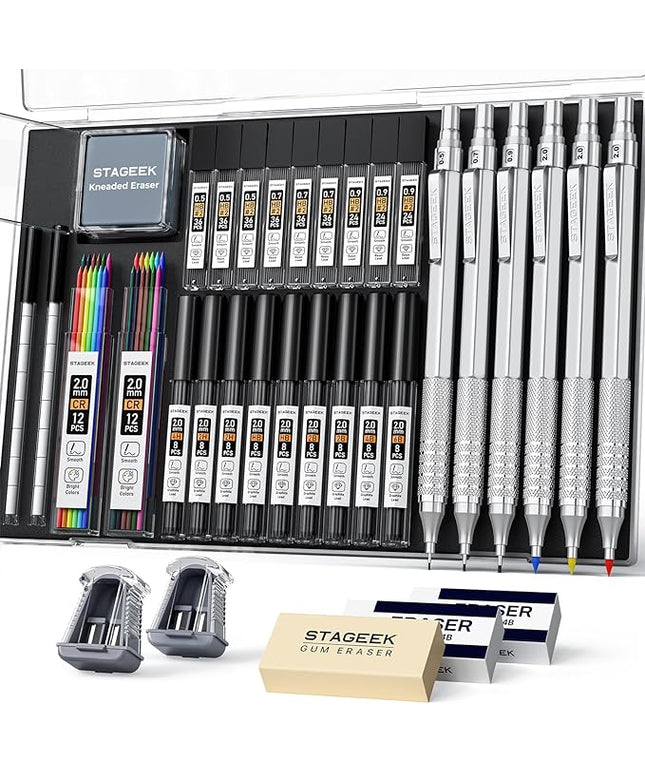 35Pcs Art Mechanical Pencil Set with Case, 0.5 0.7 0.9 2.0 Graphite Metal Drawing Drafting Pencils, Sharpener Erasers 384PCS Lead Refills (6B 4B 2B HB 2H 4H Colors)Pencils for Writing Sketching,Silver