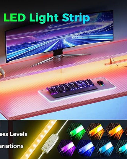 AODK 59 Inch Gaming Desk with USB Charging Ports & LED Light- Reversible Computer Desk with Storage Shelves & Monitor Stand, Modern Gamer Desk Table with Fabric Drawers & Side Hook, Carbon Fiber Pink