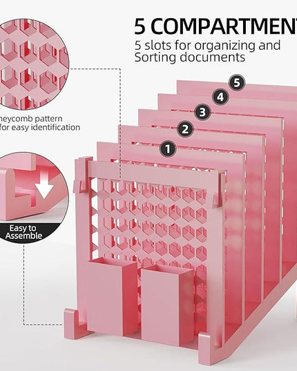 File Organizer for Desk with Storage Box & Hook, Inclined Desk File Organizer with 5-Section Vertical File Holder suitable for Home Office Document Organization (Pink-01)