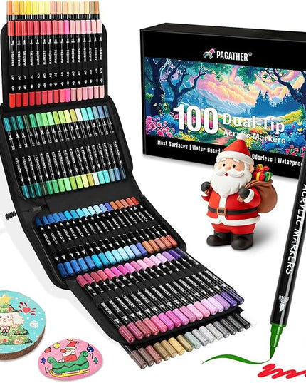 100 Colors Acrylic Paint Markers, Dual Tip with Fine Tip and Brush Tip Pens for Stone, Wood, Calligraphy, Canvas, Ceramic, Metal, Glass, Rock Painting, DIY Crafts Art Supplies Kit