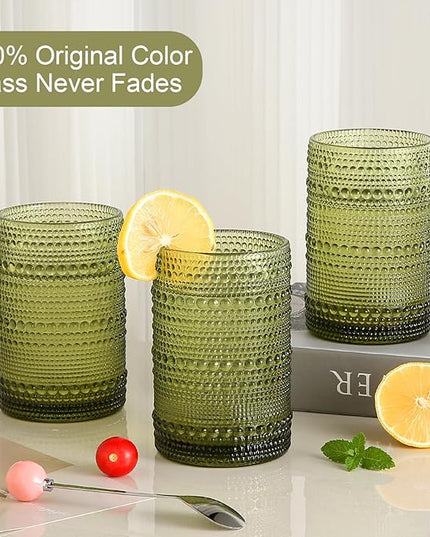 Vintage Glassware Drinking Glasses Set of 6,15 oz Hobnail Glass Cups,Embossed Green Water Tumbler,for Beer,Cocktail,Whiskey,Juice and Various Mixed Drinks- 1 Cleaning Brush