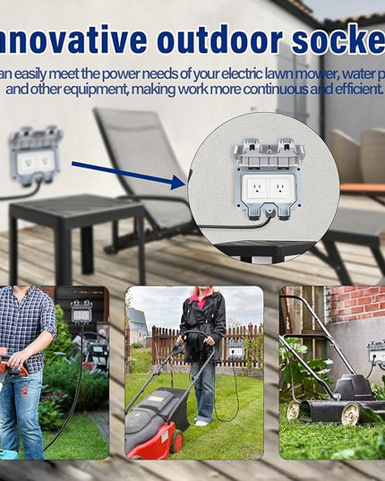 Outdoor Power Outlet Box with 9.8Ft Extension Cord, NEMA 5-15R, STW 14 AWG, Weatherproof Waterproof IP66 Electrical Outlet Extender, Exterior Wall Power Socket w/Cover for Garden