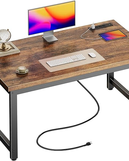 Huuger 48 x 24 inch Desk with Power Outlets & USB-C, Deeper & Thicker Desktop, Robust Metal Tubes, Computer Desk, Heavy Duty Office Desk, Work Gaming Desk for Home Office, Rustic Brown