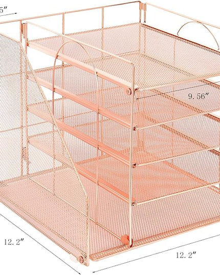 LEKETREE Desk Organizers and Accessories, 5-Tier Paper Letter Tray Organizer with File Holder, Desktop Organizer for Office Supplies (Rose Gold)