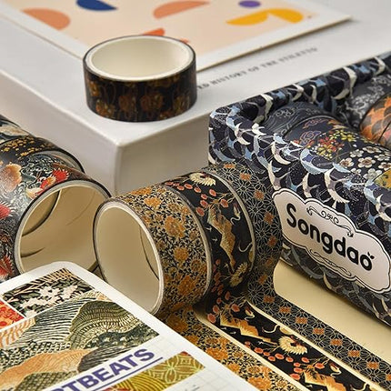 Songdao 12 Rolls Kyoto Charm Washi Tape Set Japanese Arts Adhesive Tapes Geometric Garden Decorative Masking Tape Sets for Craft, Kids, Scrapbook, DIY, Gift Wrapping (Black Elegance)