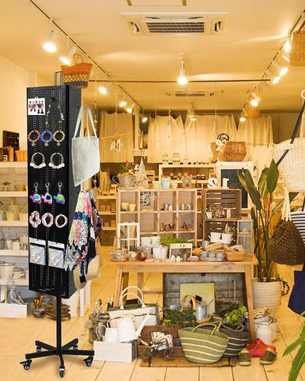 Triangular Metal Pegboard Panels Display with Base and Pole, Black Pegboard Display Stand with Wheels, Jewelry Display Rack, Art Display Stand, Extra 20 pieces Hooks