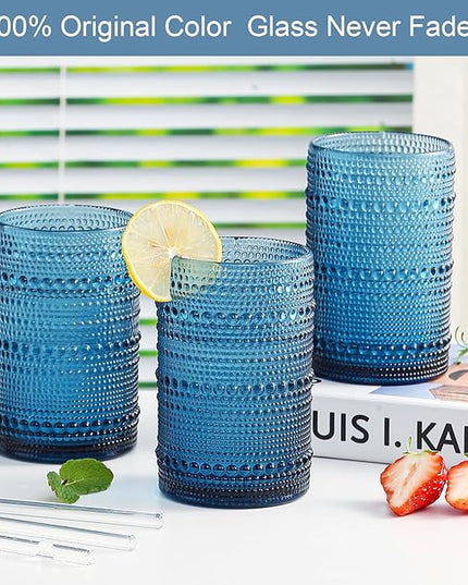 Vintage Hobnail Drinking Glasses Set of 12, 15oz Textured Tumblers - Embossed Blue Bar Glasses for Cocktails, Beer, Whiskey, Dishwasher-Safe Highball Cups for Kitchen, Juice & Mixed Drinks