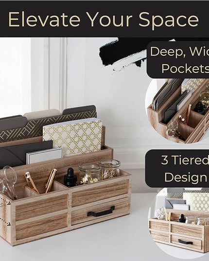 BLU MONACO | Natural Wood Mail Organizer with Drawer & Pen Holder | Rustic Desk Organizer for Bills, Letters & Countertop Storage | Wooden Desktop Mail Sorter for Home & Kitchen