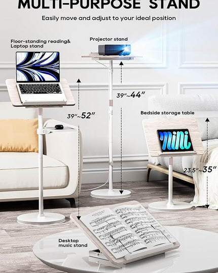 2 in 1 Adjustable Book Stand - Dual-Use Floor and Desktop Book Holder Stand, Height Adjustable 23.5-52 in, Elastic Page Clips for Music Sheet, Recipe, Tablet, Laptop-White