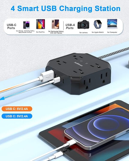 Surge Protector Power Strip-15 Ft Flat Plug Extension Cord with 8 Widely Outlets and 4 USB Ports(2 USB C) Multi Plug Outlet Extender for Office, School, Travel and Dorm Room Essentials-Black