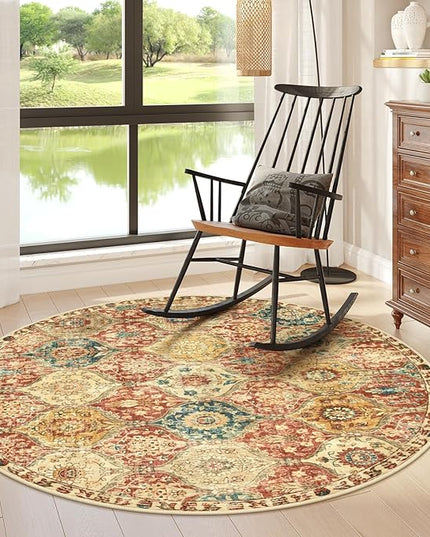 Lahome Moroccan Trellis Round Area Rugs, Washable Small Round Rug 3ft Non-Slip, Soft Vintage Ultra-Thin Circle Carpet for Bedroom Entryway Kitchen Laundry Bathroom, Red/Orange