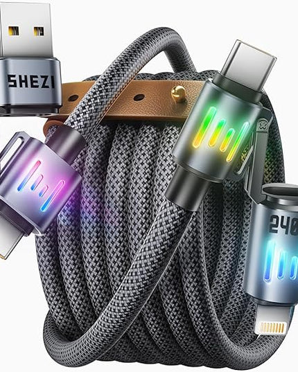 SHEZI 4-in-1 USB C Cable [240W Fast Charging & Data Transfer] Nylon iPhone Charger Cord with Light, Multi Charge Cables Combo with L/Type C/USB A Port for iPhone/iPad/Samsung, 5FT