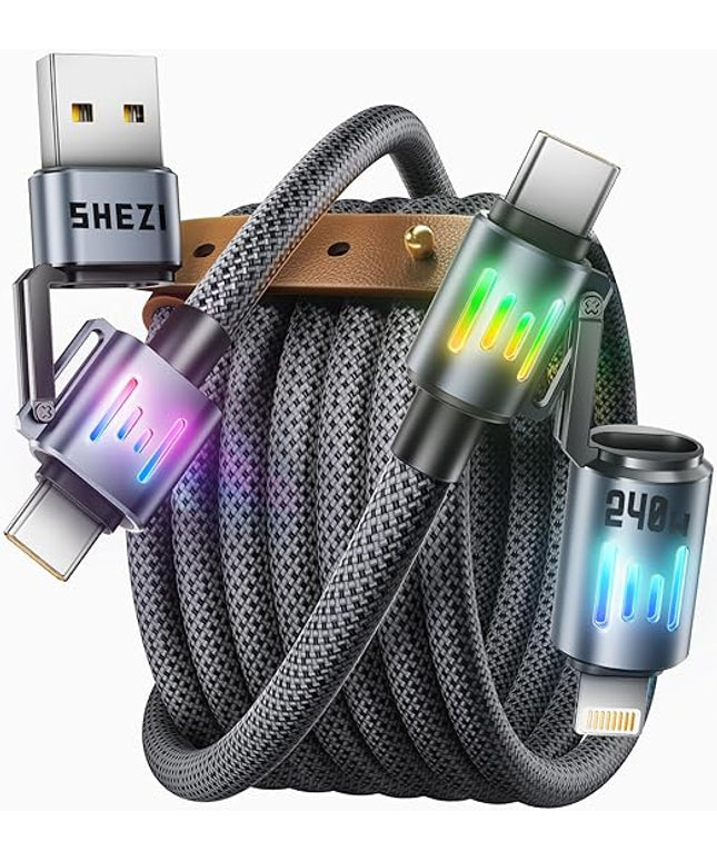 SHEZI 4-in-1 USB C Cable [240W Fast Charging & Data Transfer] Nylon iPhone Charger Cord with Light, Multi Charge Cables Combo with L/Type C/USB A Port for iPhone/iPad/Samsung, 5FT