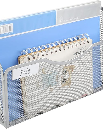 EasyPAG 6 Pack Wall File Organizer with Label Panel, Mesh Hanging File Folder Organizer for Letter/A4 Size Folders, Wall Mounted Vertical Mail Holder for Paperwork, Office, Home, School, Silver