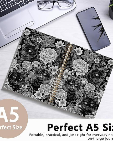 Cat Notebook Journal, Vintage Black White Floral Cats Spiral Notebook for School Supplies, Cat Lover Gifts for Women Men, Black Cat Gifts for Girls 5.5x8.3 Inch