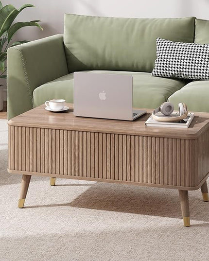 JOINICE Lift Top Coffee Table with Storage,Natural Wood Center Table for Living Room, Modern Farmhouse Oak Fluted Design,Pop-Up Desk for Work & Dining