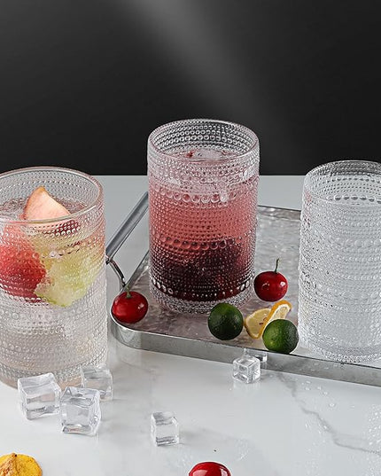 Hobnail Drinking Glasses Set of 6, 16 Oz Vintage Embossed Glass Cup Water Glasses Kitchen Glassware for Cocktails, Beer, Juice, Whiskey