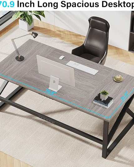 IBF 70 Inch Large Home Office Desk, Industrial Long Executive Work Writing Study Computer Table, Farmhouse Big Metal Wood Double Desk for Bedroom Living Room, Rustic Dual Monitor Desk, Light Grey