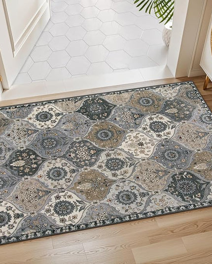Lahome Moroccan Trellis Area Rug, 2x3 Entryway Rug Non-Slip Washable Indoor Door Mat, Small Oriental Accent Throw Carpet for Bedroom Kitchen Entry Bathroom, Grey
