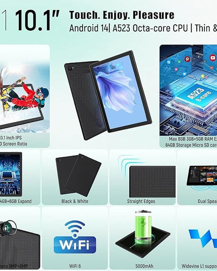 MUISOO Tablet 10 Inch, Android 14 Tablet PC, 8GB RAM+64GB ROM (1TB TF), Octa-Core 2.0 GHz, Bluetooth 5.0, WiFi 6, Widevine L1, 5MP+8MP, 5000mAh,Type-C (Black, 10)