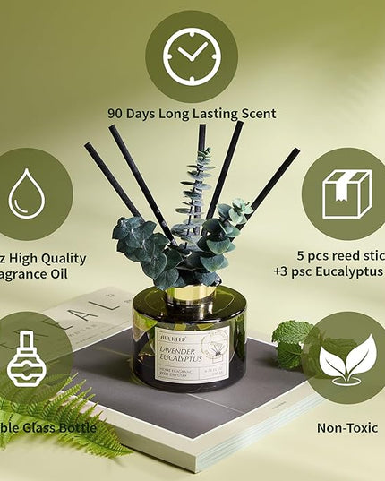 Airkeep Reed Diffuser Set with 6.76 fl oz Lavender Eucalyptus Scent Essential Oils and 3 Leaves & 8 Diffuser Sticks,Bathroom Shelf Decor & Air Freshener, House Bedroom Office Decor & Gifts