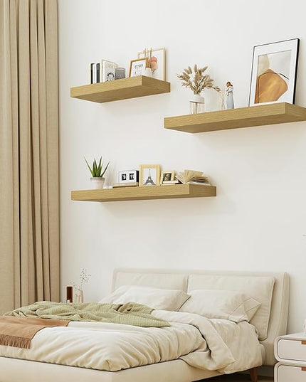 Heimlove Bathroom 12'' Deep Floating Shelves for Wall - Shelf Over Toilet Mounted Farmhouse 24 inches,Rustic Wood Shelves Decor & Storage Set of 1 Oak
