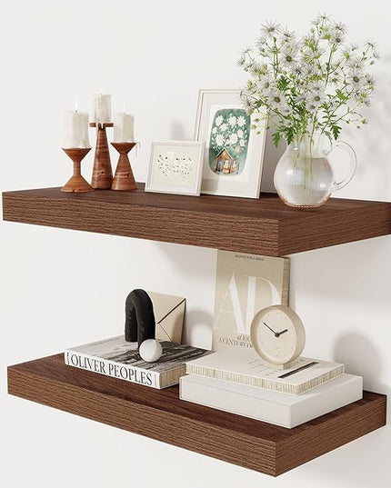 12 Inch Deep Floating Shelves, 24 x 12 Floating Shelf for Books, Rustic Wood Deep Wall Shelves for Home Storage & Display, 2" Thicked Shelves for Kitchen, Living Room, Bedroom, Walnut Color, 2 Pack