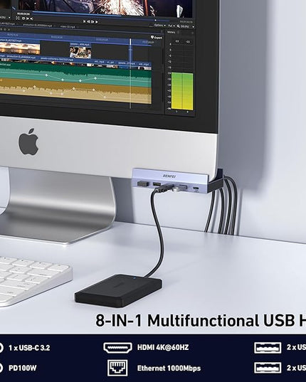 BENFEI 8-in-1 USB C Hub with Secure Clamp – Features 4K@60Hz HDMI, Gigabit Ethernet, 100W PD, 10Gbps 1x USB-C, 2 x USB-A 3.2, 2 x USB-A 2.0 Compatible with MacBook, iPad Pro, iMac, S23, XPS17