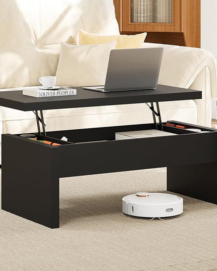 Small Lift Top Coffee Table, Wood Rectangle Coffee Table with Lifting Top and Hidden Storage Compartment, Modern Mid Century Center Tables for Small Space, Living Room, Office-Black
